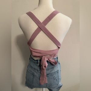 Pink Ribbed Crop Top with Cross Back and Tie Size Small